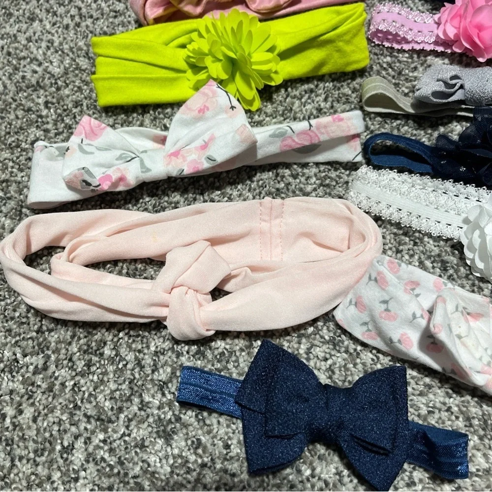 Large Lot Of 47 Baby Girl Headbands Bows & 5 Hats Infant & Toddler Stretch